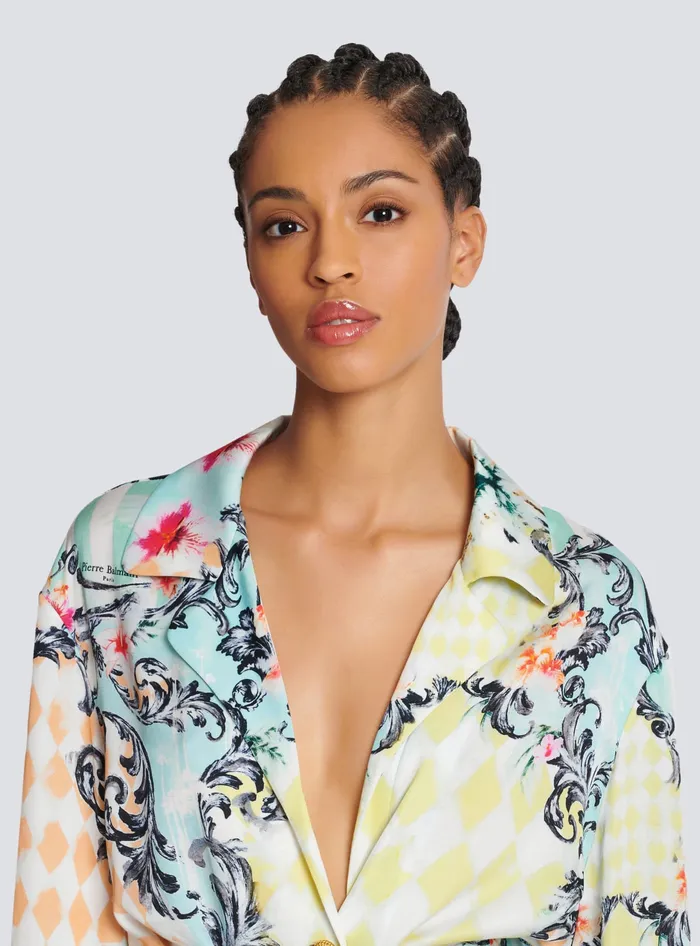 Balmain Tops And Shirts Women Loose Belted Shirt With Baroque Print Multicolor