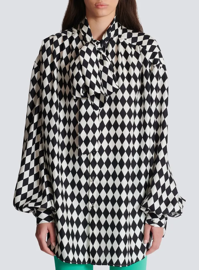 Balmain Tops And Shirts Women Pussybow Shirt With Diamond Print Black