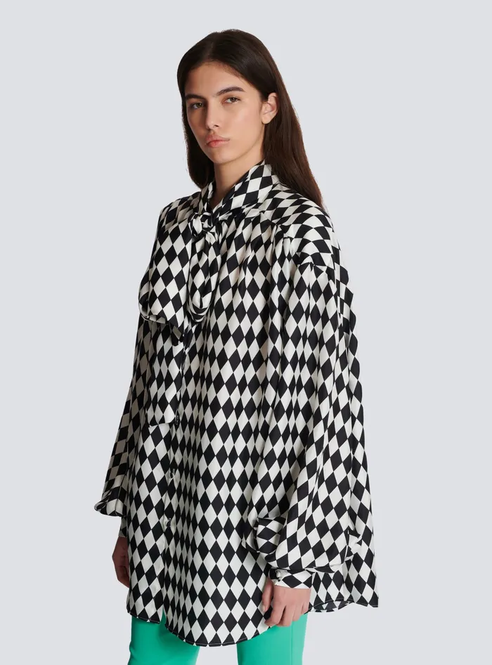 Balmain Tops And Shirts Women Pussybow Shirt With Diamond Print Black