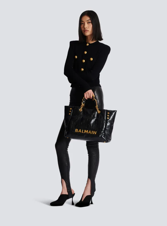 Balmain Tote Bags Women 1945 Soft Tote Bag In Crackled Calfskin Black
