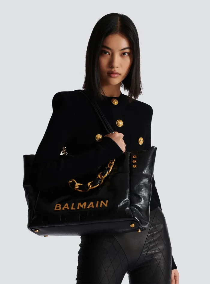 Balmain Tote Bags Women 1945 Soft Tote Bag In Crackled Calfskin Black