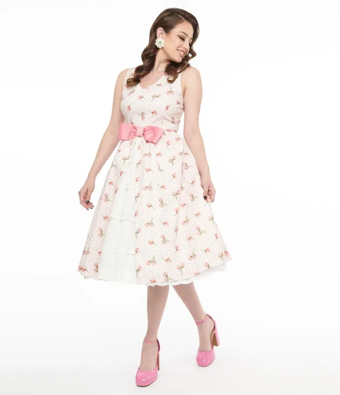 Barbie X 1960s Pink Rosebud Garden Party Swing Dress Dresses Unique Vintage Swing