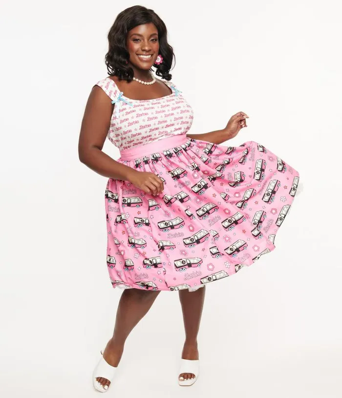 Barbie X Plus Size 1970s Pink Barbie Bus Gellar Swing Skirt ClothingPlus Unique Vintage Skirts