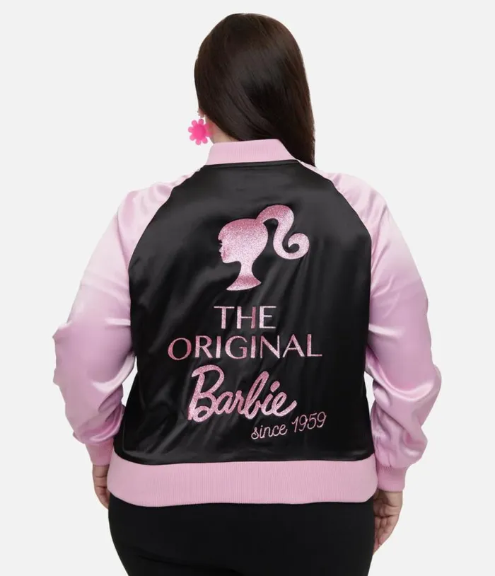 Barbie X Plus Size Pink and Black OG Barbie Long Sleeve Bomber Jacket ClothingPlus Unique Vintage Jackets