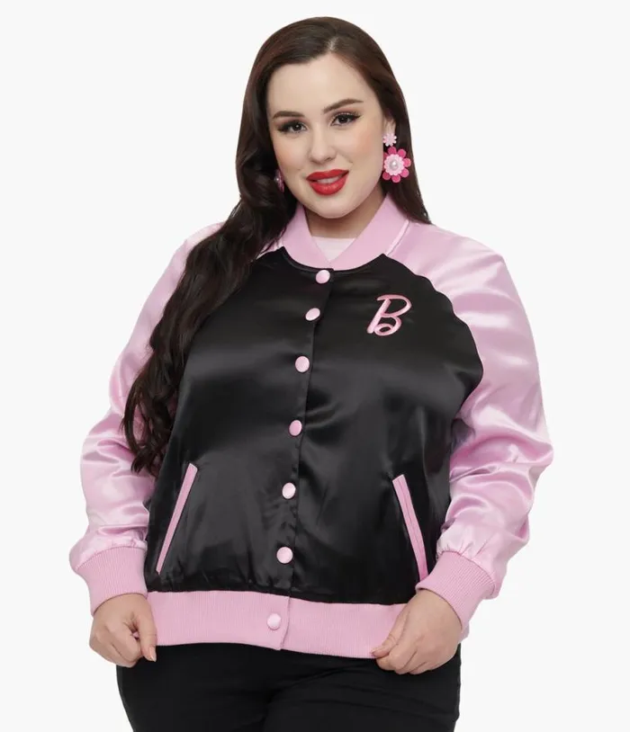 Barbie X Plus Size Pink and Black OG Barbie Long Sleeve Bomber Jacket ClothingPlus Unique Vintage Jackets