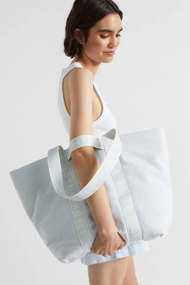 Beach Bags Woman Seed Heritage Monochrome Logo Denim Tote Denim