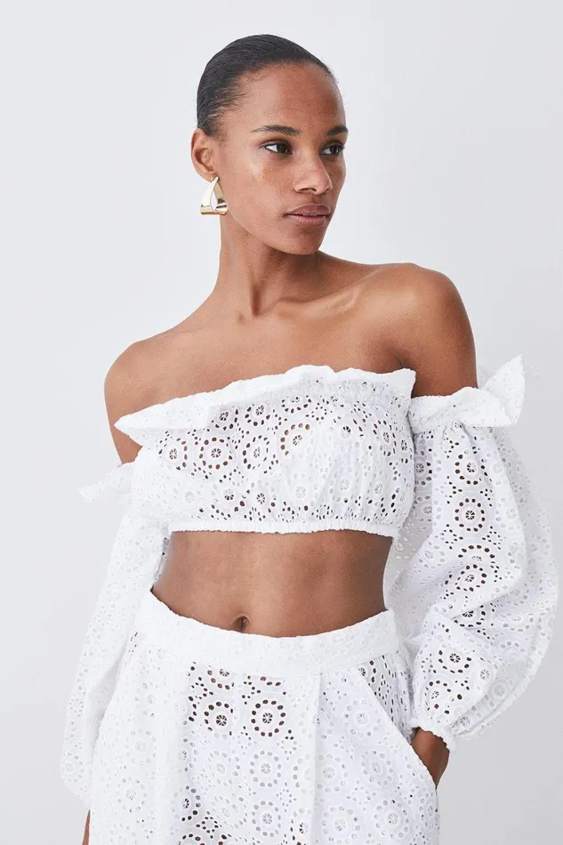 Beachwear Women Karen Millen Beach Woven Bardot Broderie Top White