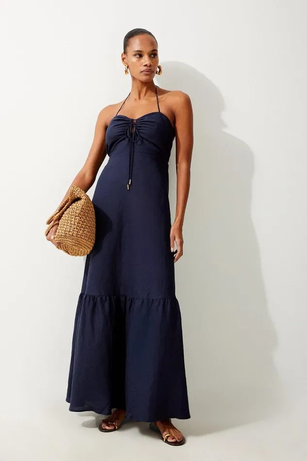 Beachwear Women Karen Millen Viscose Linen Woven Maxi Beach Dress Navy