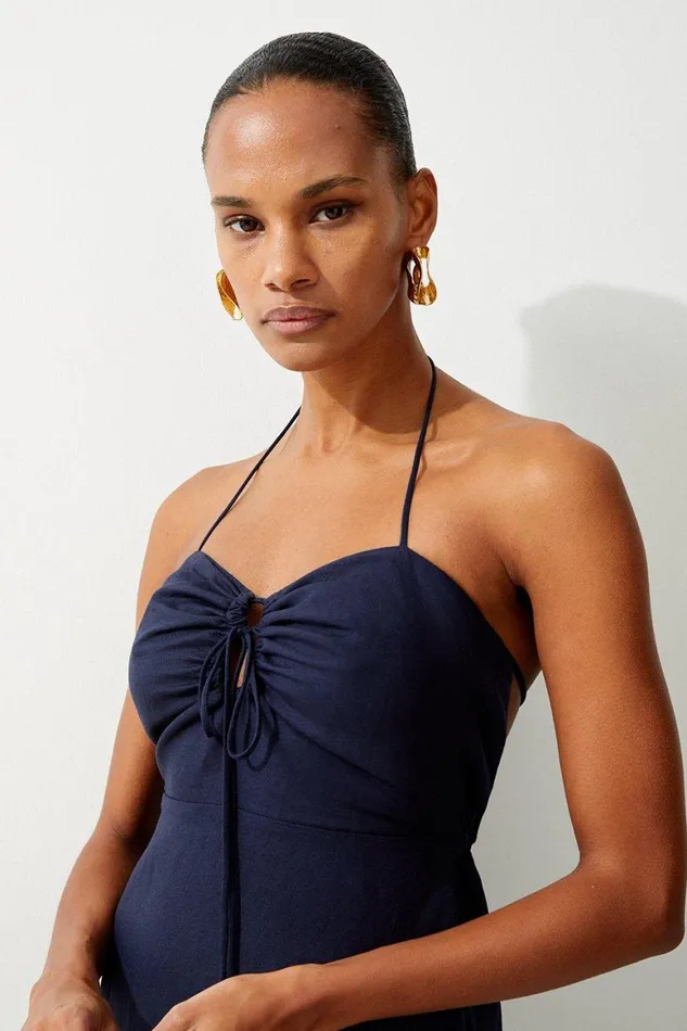 Beachwear Women Karen Millen Viscose Linen Woven Maxi Beach Dress Navy