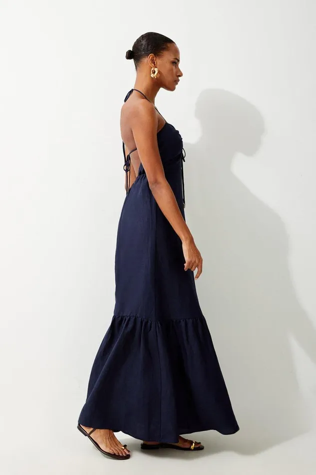 Beachwear Women Karen Millen Viscose Linen Woven Maxi Beach Dress Navy