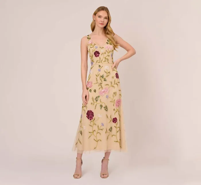 Beaded Dresses Womens Adrianna Papell Multicolor Floral Beaded AnkleLength Dress With Sheer Details In Light Champagne
