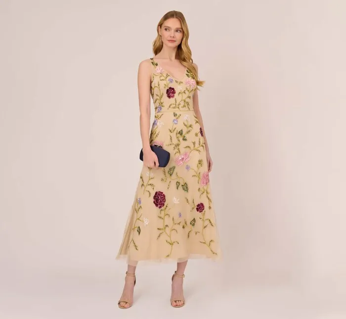 Beaded Dresses Womens Adrianna Papell Multicolor Floral Beaded AnkleLength Dress With Sheer Details In Light Champagne