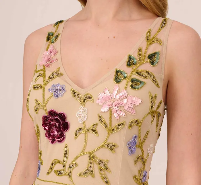 Beaded Dresses Womens Adrianna Papell Multicolor Floral Beaded AnkleLength Dress With Sheer Details In Light Champagne