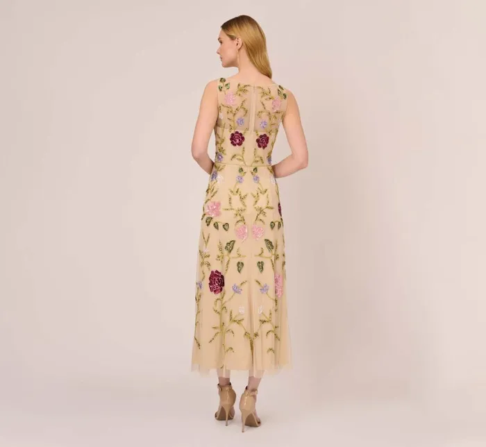 Beaded Dresses Womens Adrianna Papell Multicolor Floral Beaded AnkleLength Dress With Sheer Details In Light Champagne