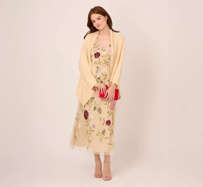 Beaded Dresses Womens Adrianna Papell Multicolor Floral Beaded AnkleLength Dress With Sheer Details In Light Champagne