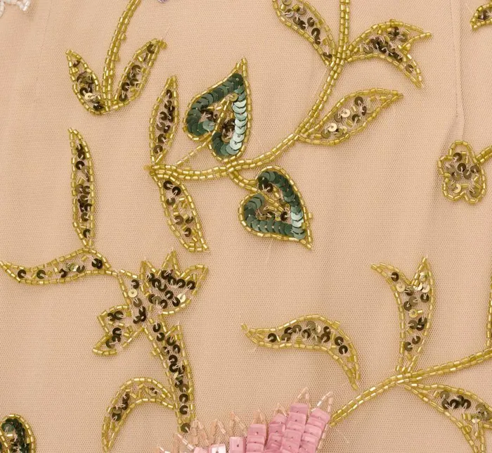 Beaded Dresses Womens Adrianna Papell Multicolor Floral Beaded AnkleLength Dress With Sheer Details In Light Champagne