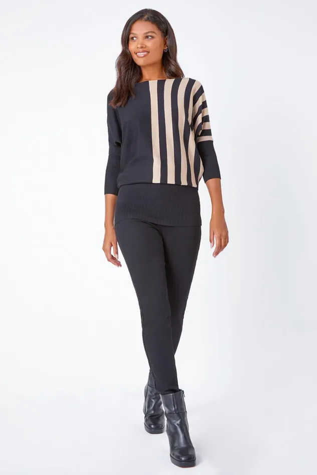 Beige Contrast Stripe Print Knit Jumper Women Roman Knitwear