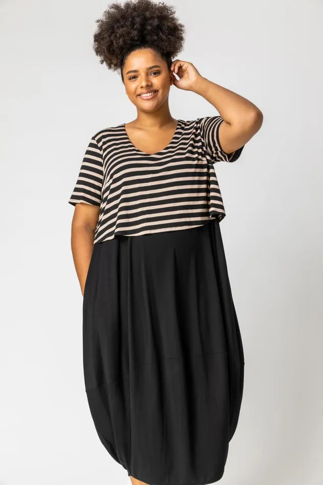 Beige Curve Stripe Contrast Print Jersey Dress Women Roman Dresses