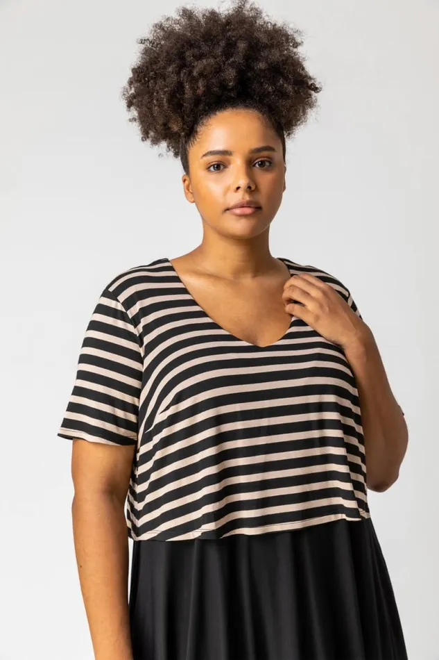 Beige Curve Stripe Contrast Print Jersey Dress Women Roman Dresses