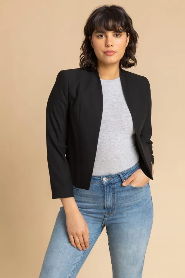 Black 34 Sleeve Cropped High Collar Crepe Jacket Women Roman Jackets