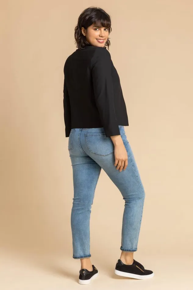 Black 34 Sleeve Cropped High Collar Crepe Jacket Women Roman Jackets