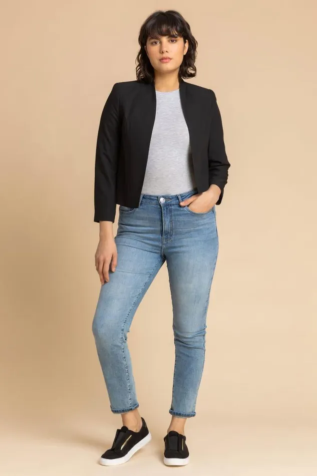 Black 34 Sleeve Cropped High Collar Crepe Jacket Women Roman Jackets