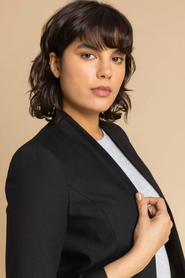 Black 34 Sleeve Cropped High Collar Crepe Jacket Women Roman Jackets