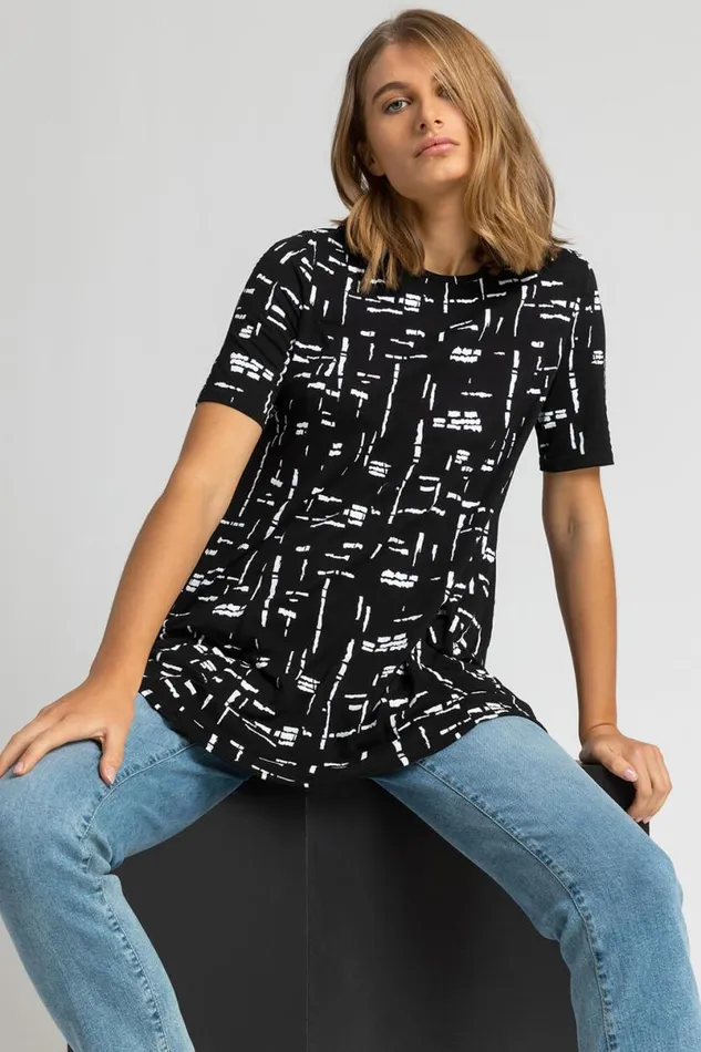 Black Abstract Pocket Stretch Swing Top Women Roman Tops