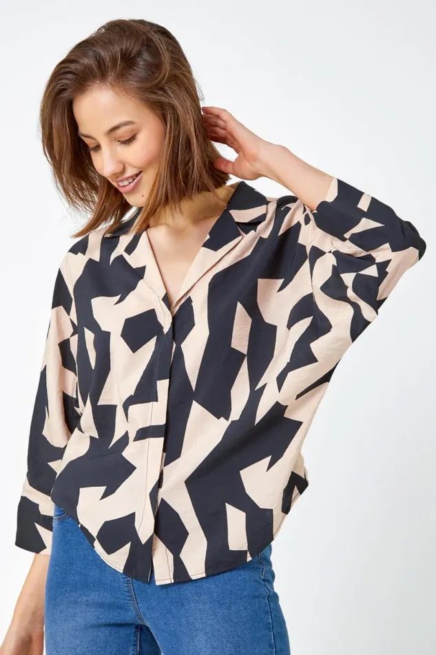 Black Abstract Print Collared Blouse Women Roman Tops