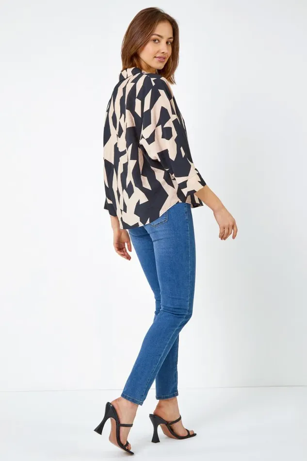 Black Abstract Print Collared Blouse Women Roman Tops