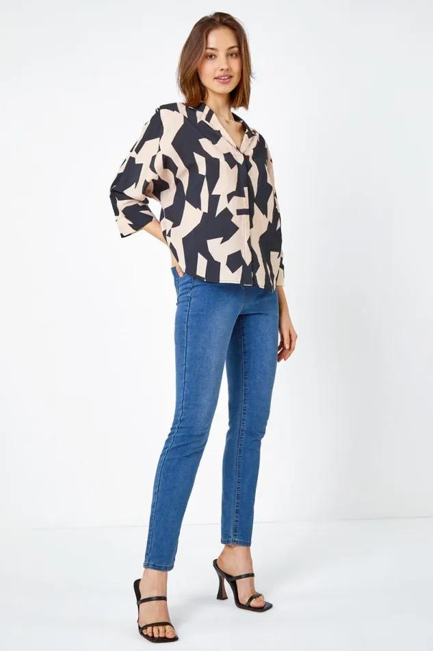 Black Abstract Print Collared Blouse Women Roman Tops