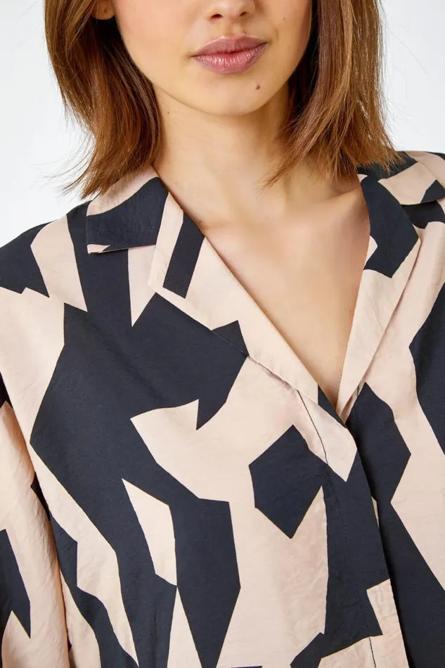 Black Abstract Print Collared Blouse Women Roman Tops