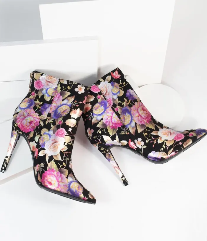 Black and Gleaming Floral Suede Stiletto Bootie Shoes Unique Vintage Heels