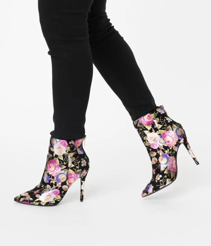 Black and Gleaming Floral Suede Stiletto Bootie Shoes Unique Vintage Heels