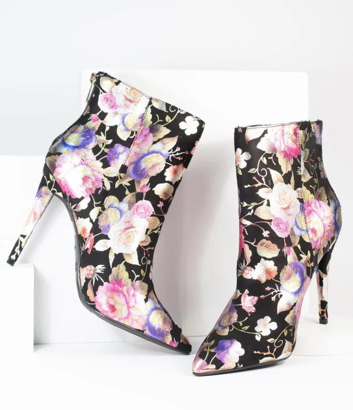 Black and Gleaming Floral Suede Stiletto Bootie Shoes Unique Vintage Heels