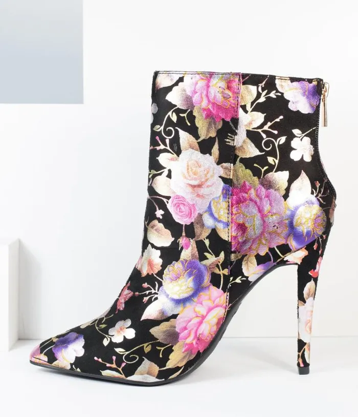Black and Gleaming Floral Suede Stiletto Bootie Shoes Unique Vintage Heels