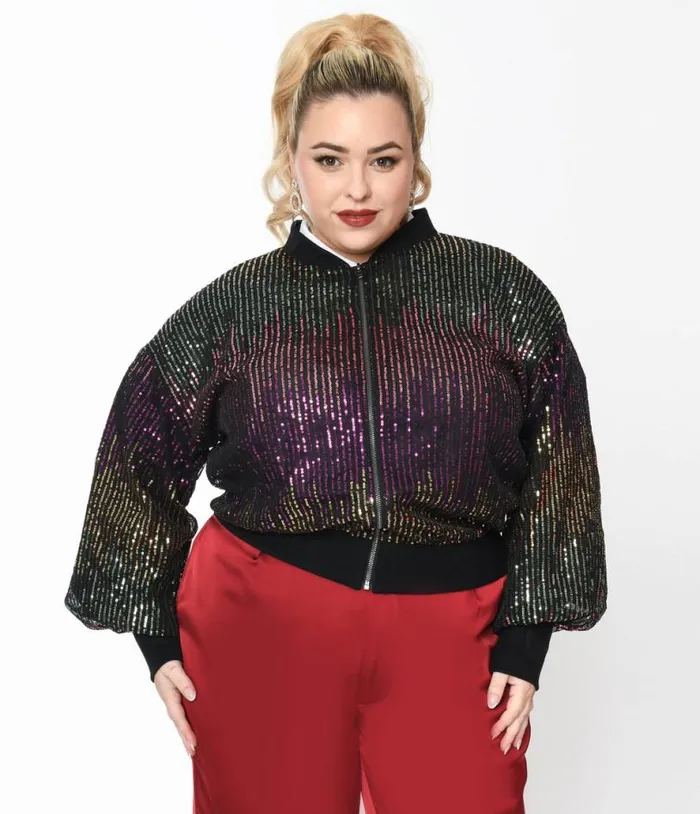 Black and Multicolor Sequin Bomber Jacket ClothingPlus Unique Vintage Jackets