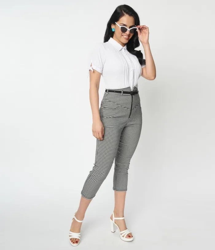 Black and White Gingham Yoke Waist Capris ClothingPlus Unique Vintage Pants