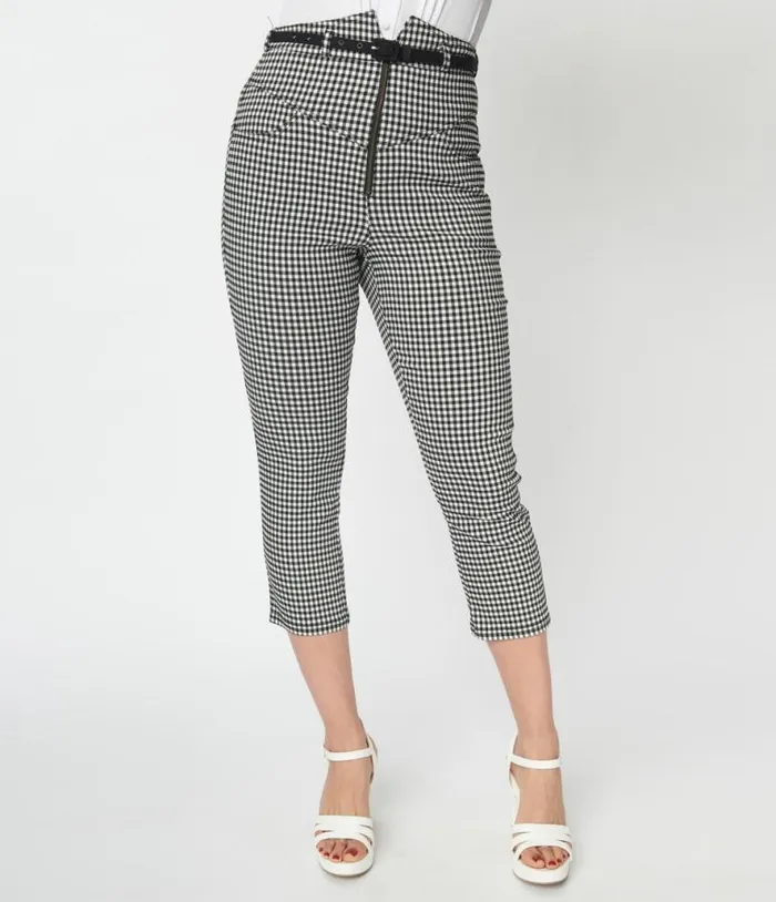 Black and White Gingham Yoke Waist Capris ClothingPlus Unique Vintage Pants