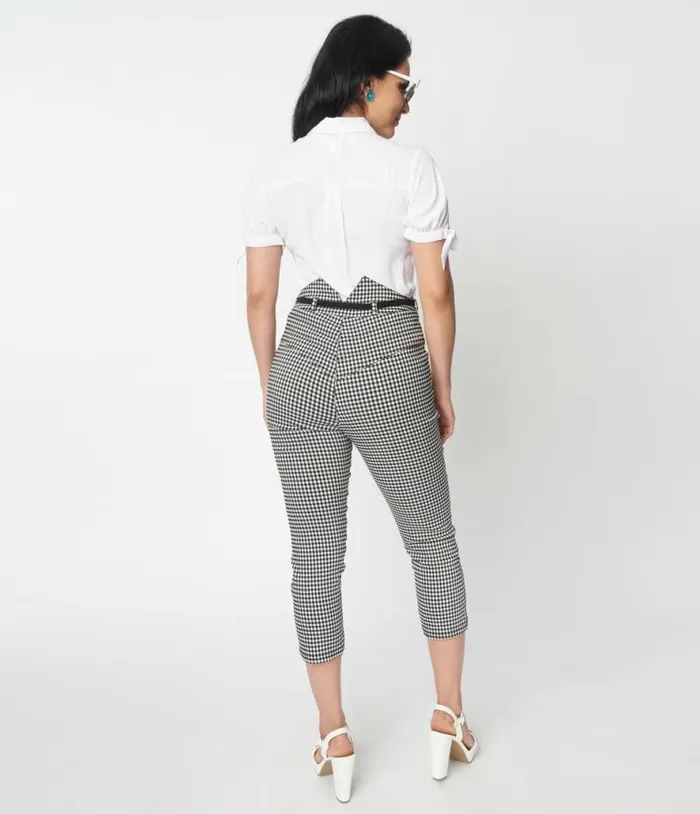 Black and White Gingham Yoke Waist Capris ClothingPlus Unique Vintage Pants