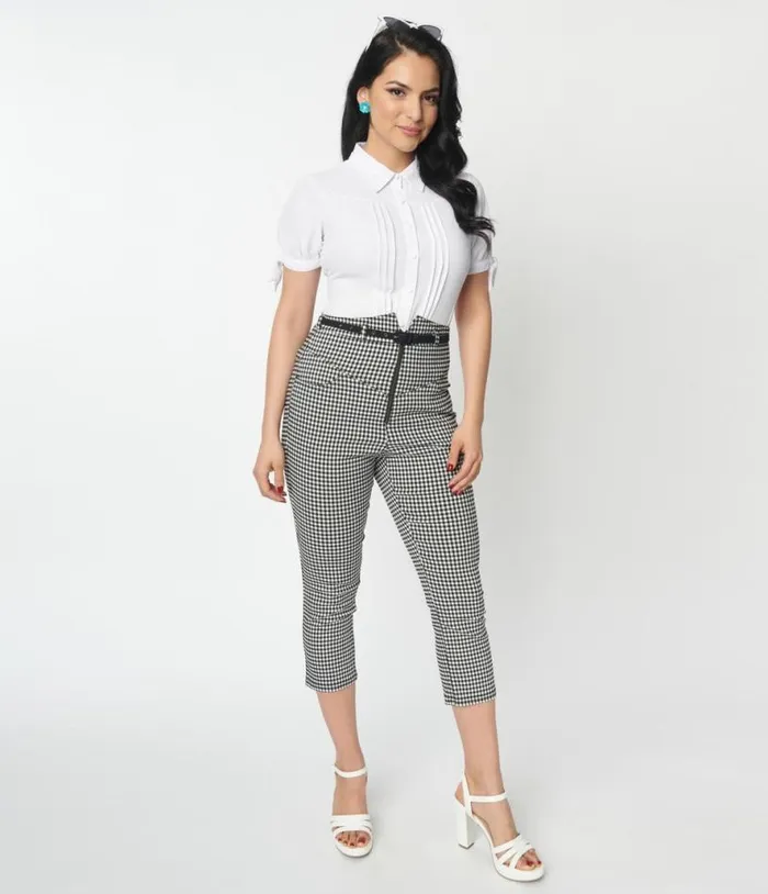 Black and White Gingham Yoke Waist Capris ClothingPlus Unique Vintage Pants