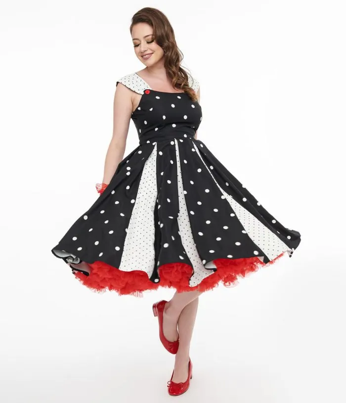 Black and White Polka Dot Stripe Swing Dress Dresses Unique Vintage Pocket Dresses