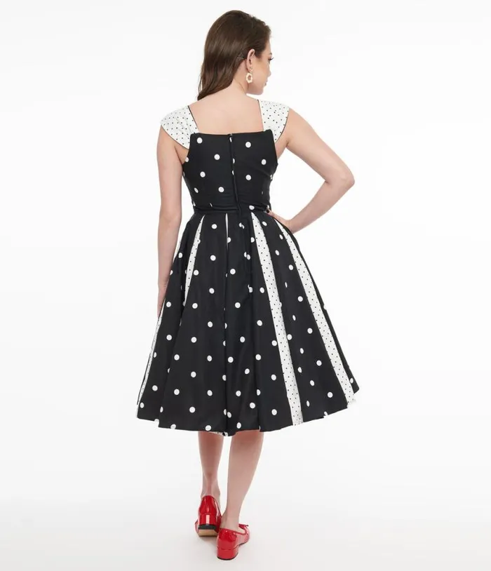 Black and White Polka Dot Stripe Swing Dress Dresses Unique Vintage Pocket Dresses