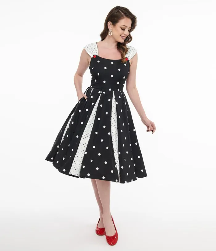 Black and White Polka Dot Stripe Swing Dress Dresses Unique Vintage Pocket Dresses