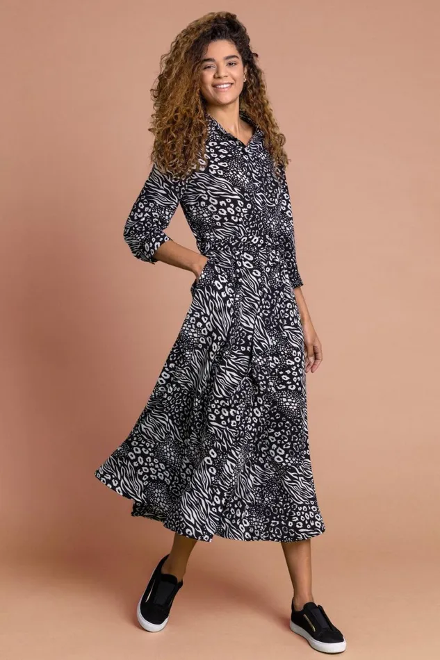 Black Animal Print Belted Shirt Dress Women Roman Dresses
