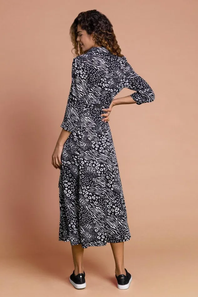 Black Animal Print Belted Shirt Dress Women Roman Dresses