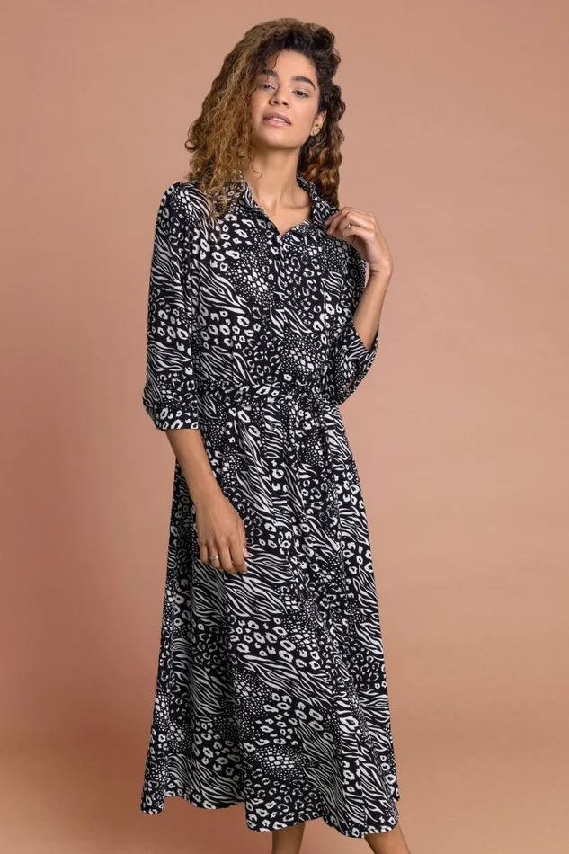 Black Animal Print Belted Shirt Dress Women Roman Dresses