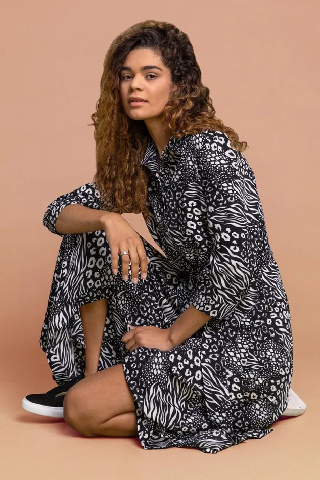 Black Animal Print Belted Shirt Dress Women Roman Dresses