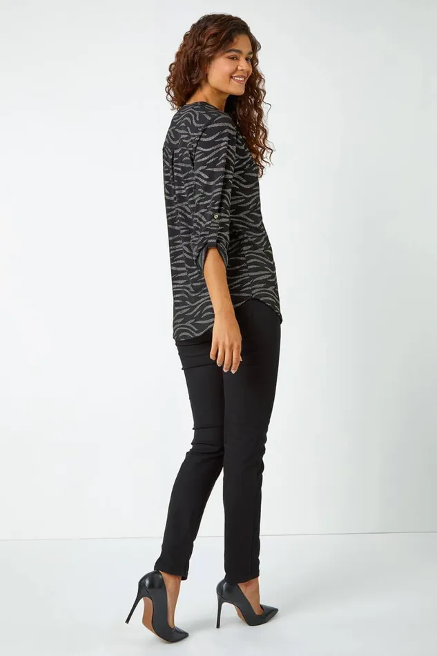 Black Animal Print Glitter VNeck Stretch Top Women Roman Tops