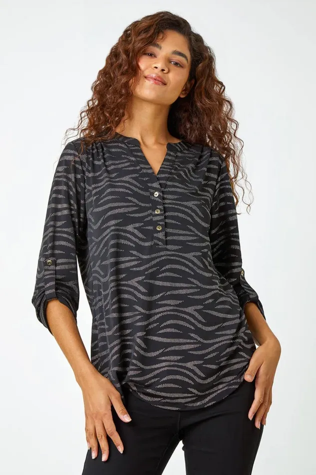 Black Animal Print Glitter VNeck Stretch Top Women Roman Tops